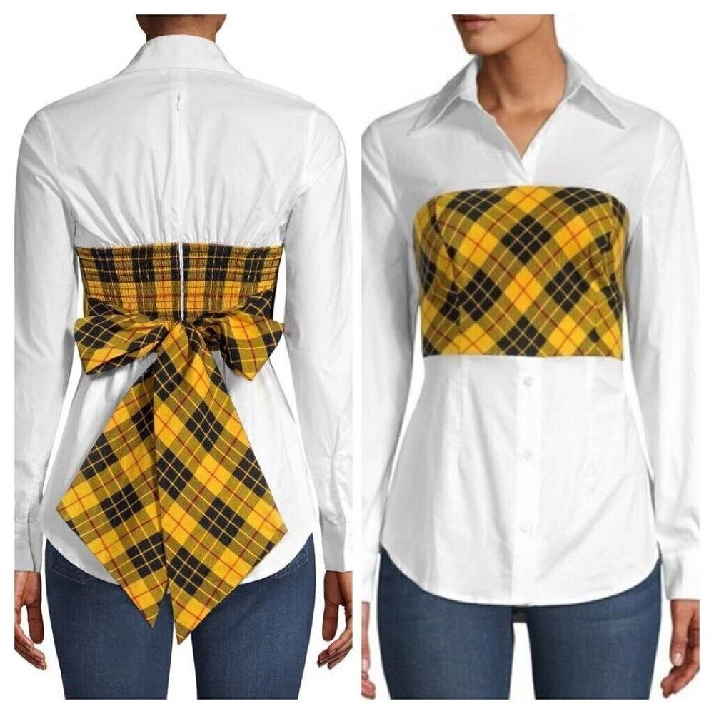 Petersyn Monroe Tartan Plaid Overlay Tie Back Shirt Yellow White